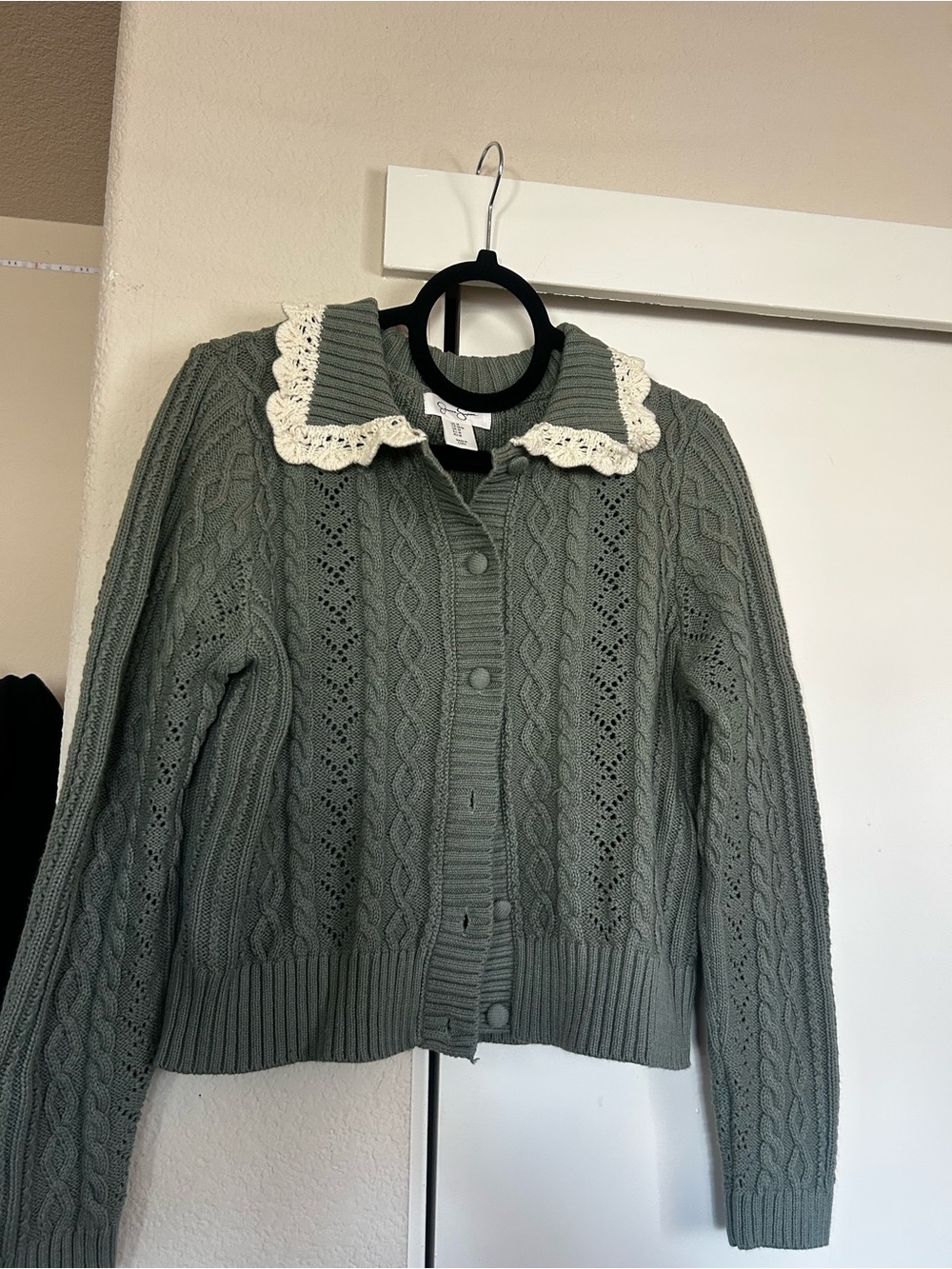 Jessica Simpson Sage Green Cable Knit Cardigan with Cream Lace Collar